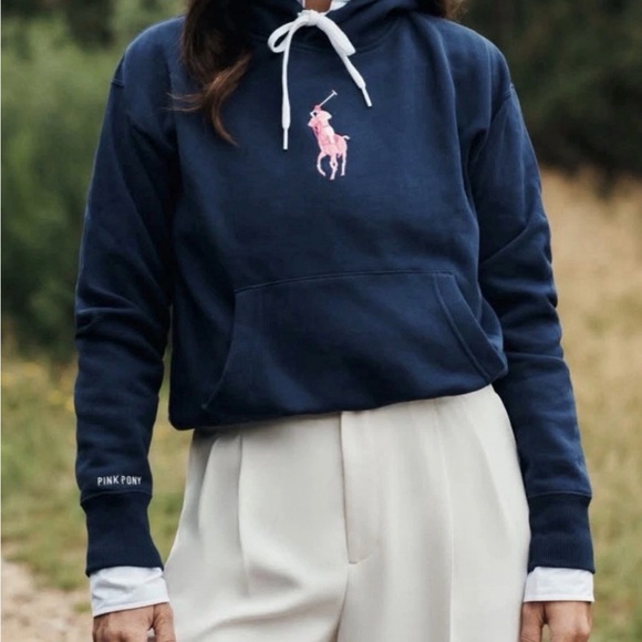 Polo Ralph Lauren Sweaters - Polo by Ralph Lauren Navy Hoodie with Pink Pony Embroidery